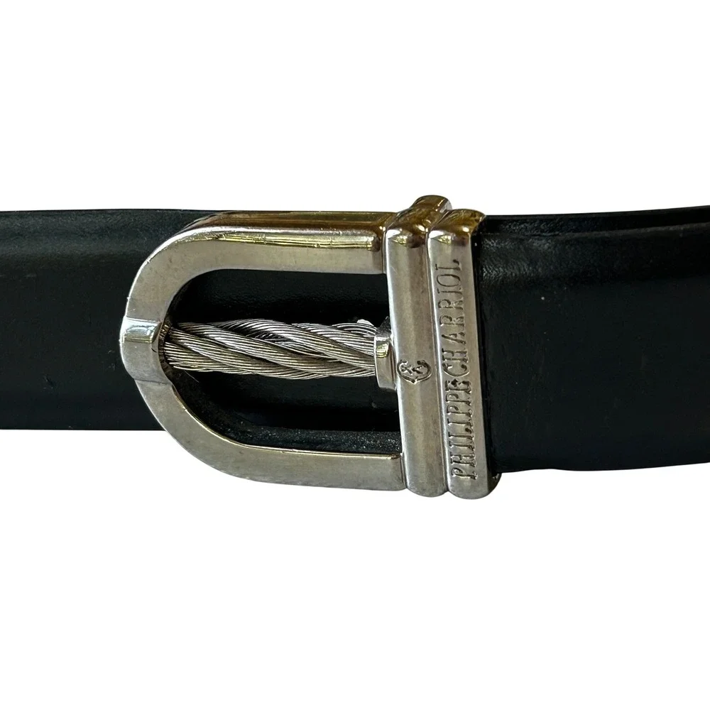 Philippe Charriol Leather Belt 46/117 Black Silver Twisted Cable Buckle